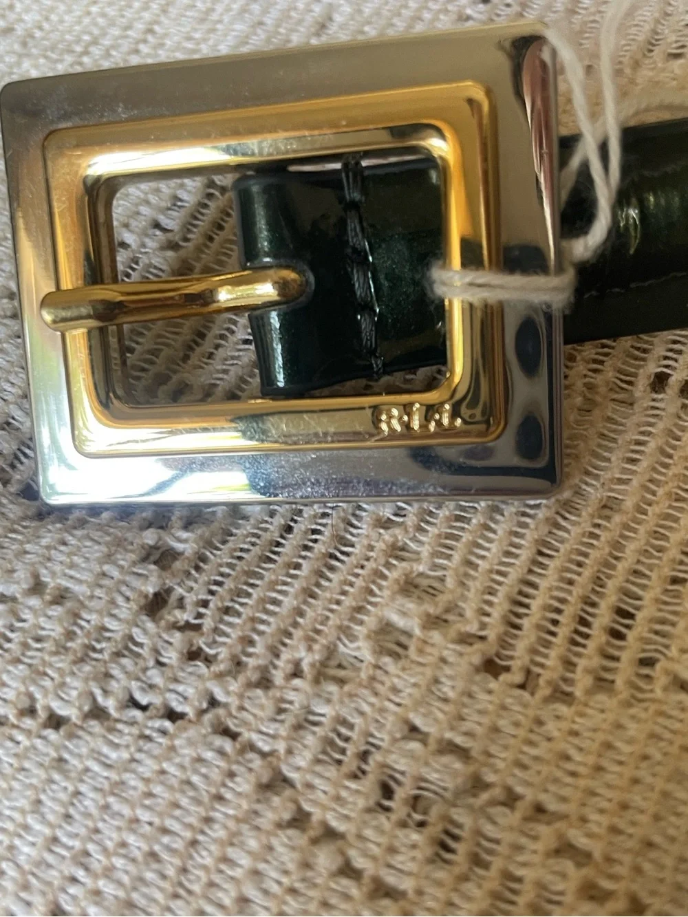 Ralph Lauren Dark Green Leather Belt with Gold-  & Silver Square Buck